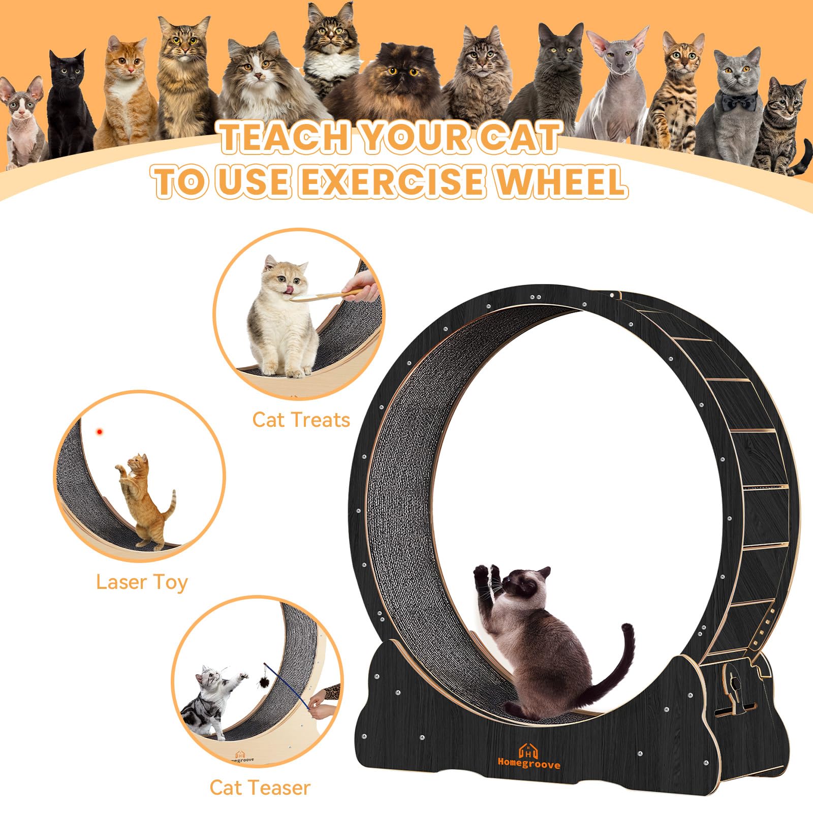 Homegroove Cat Wheels For Indoor Cats, 46 Inch Large Cat Exercise Running Treadmill Wheel With Carpeted Runway For Kittys Longer